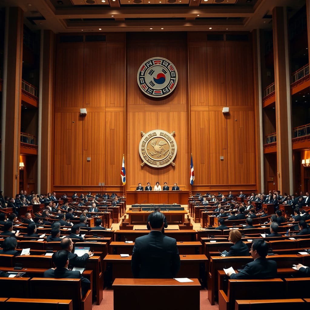 웅장하고 엄숙한 분위기의 국회 본회의장 전경을 담아, 원내대표와 당대표 모두 국가적인 차원에서 활동하는 정치인임을 시사합니다.