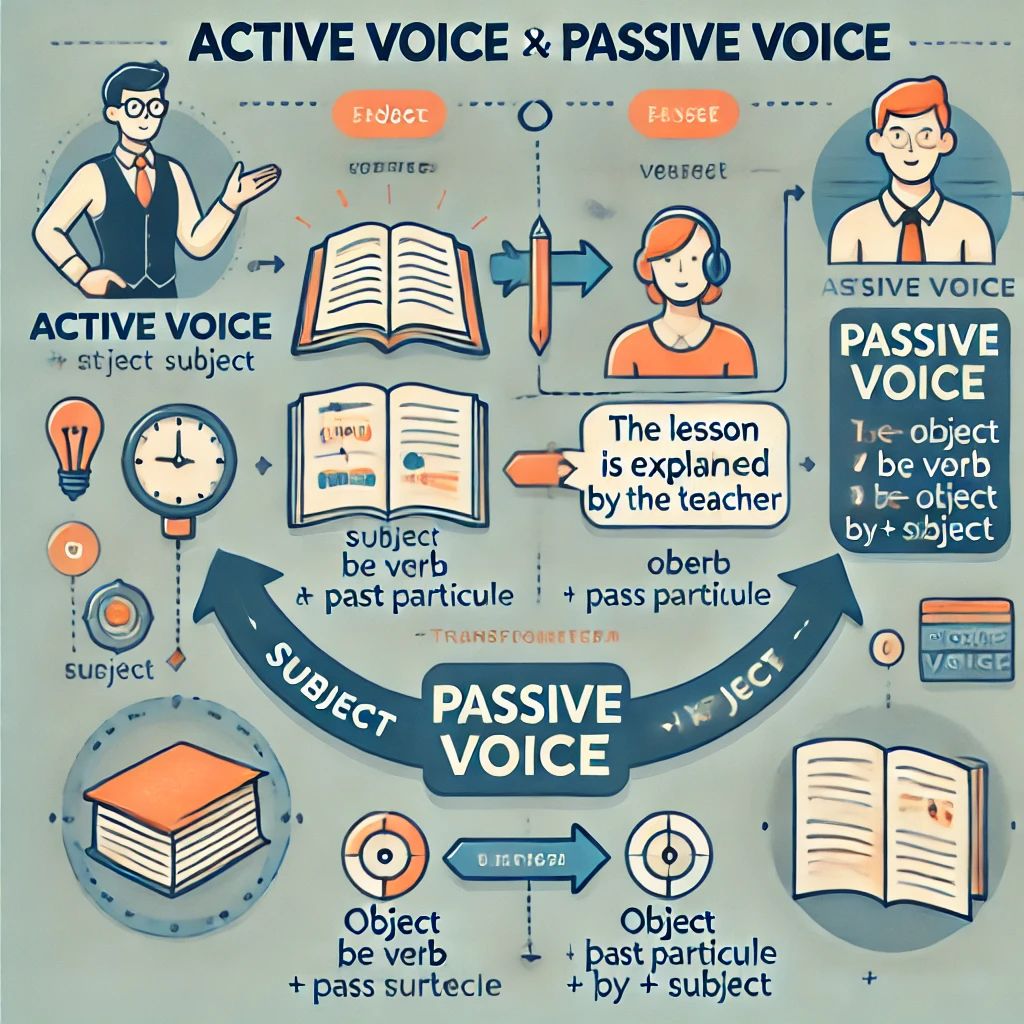 이 이미지는 영어 문법에서 능동태(Active Voice)와 수동태(Passive Voice)의 차이점을 설명하는 교육용 인포그래픽입니다. 인포그래픽은 두 개의 섹션으로 나뉘어 있으며, 왼쪽은 능동태, 오른쪽은 수동태를 보여줍니다.