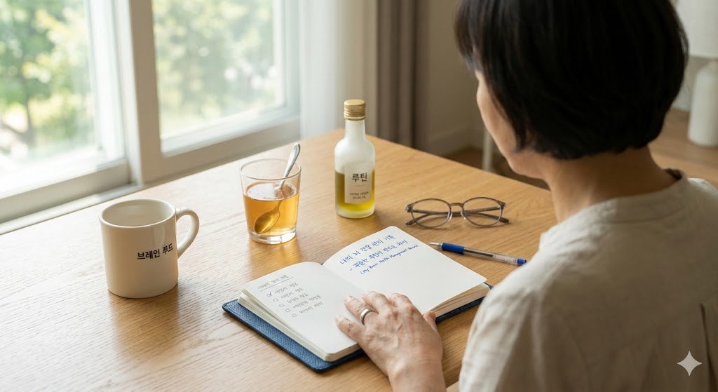 에스트로겐 변화 이후 브레인 포그를 겪으며 아침 루틴과 기록으로 관리하는 중년 여성의 모습