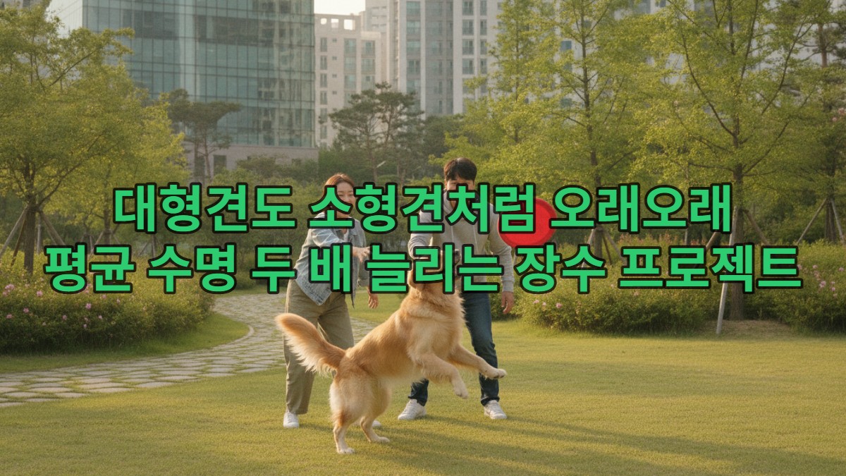 최근 한국 도심의 공원에서 건강하고 행복해 보이는 한국인 부부가 대형 골든 리트리버와 즐겁게 교감하는 모습. 활기찬 대형견 장수의 희망을 보여줍니다.