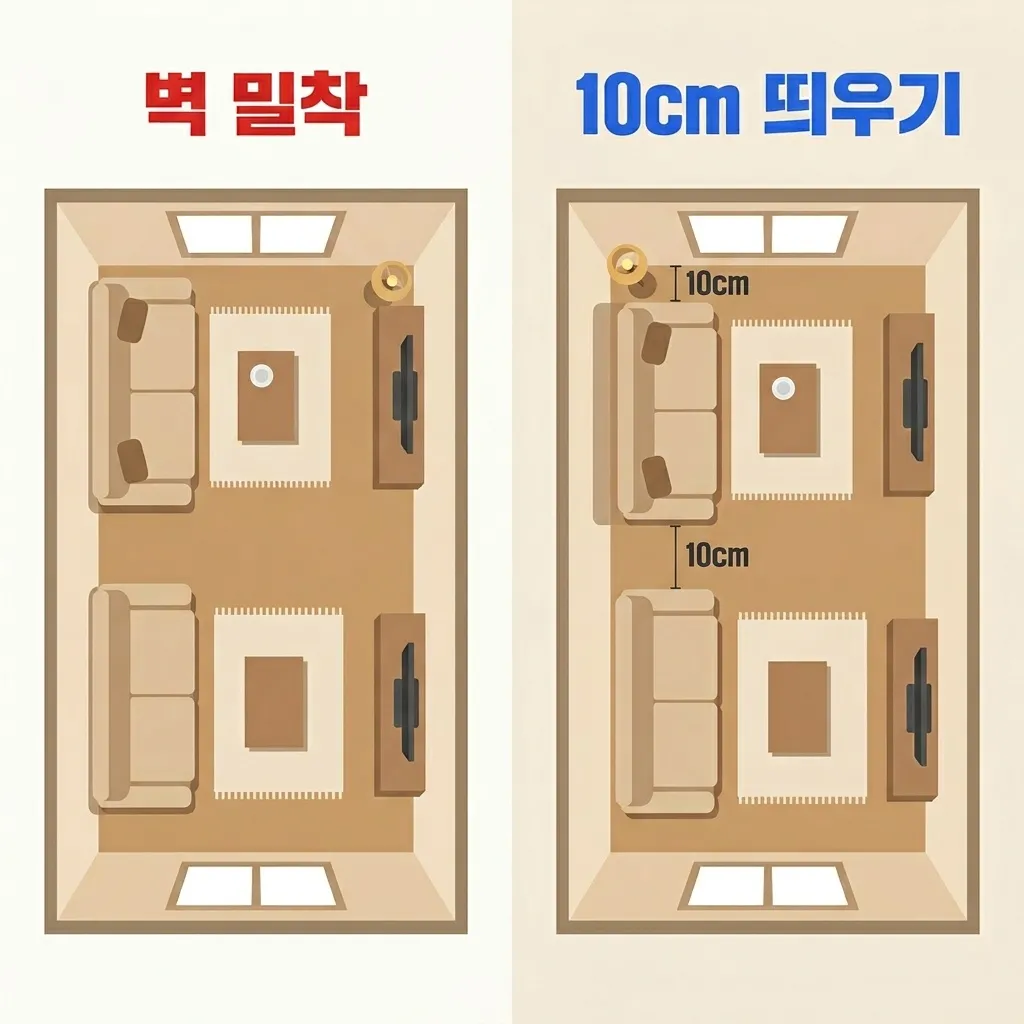 소파 벽 붙이기와 띄우기 배치 비교 결과