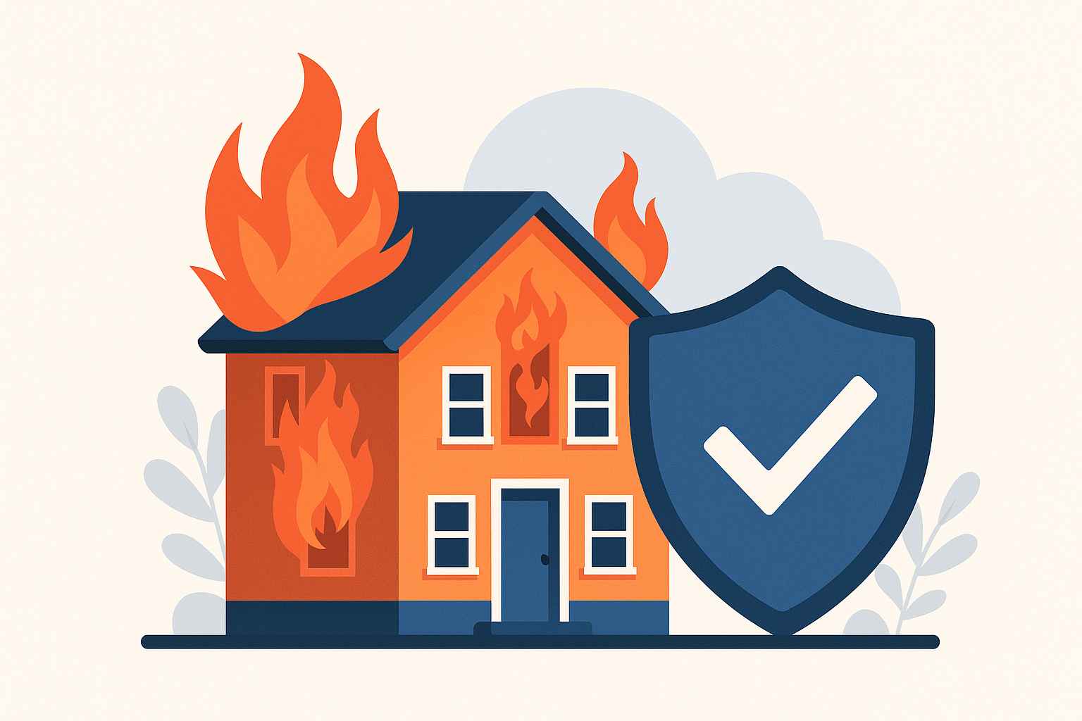 불에 타는 주택과 보호막을 상징적으로 표현한 화재보험 일러스트