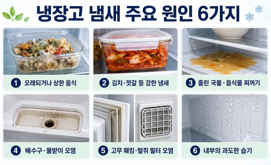 냉장고 냄새 주요 원인 6가지와 음식물 및 배수구 오염