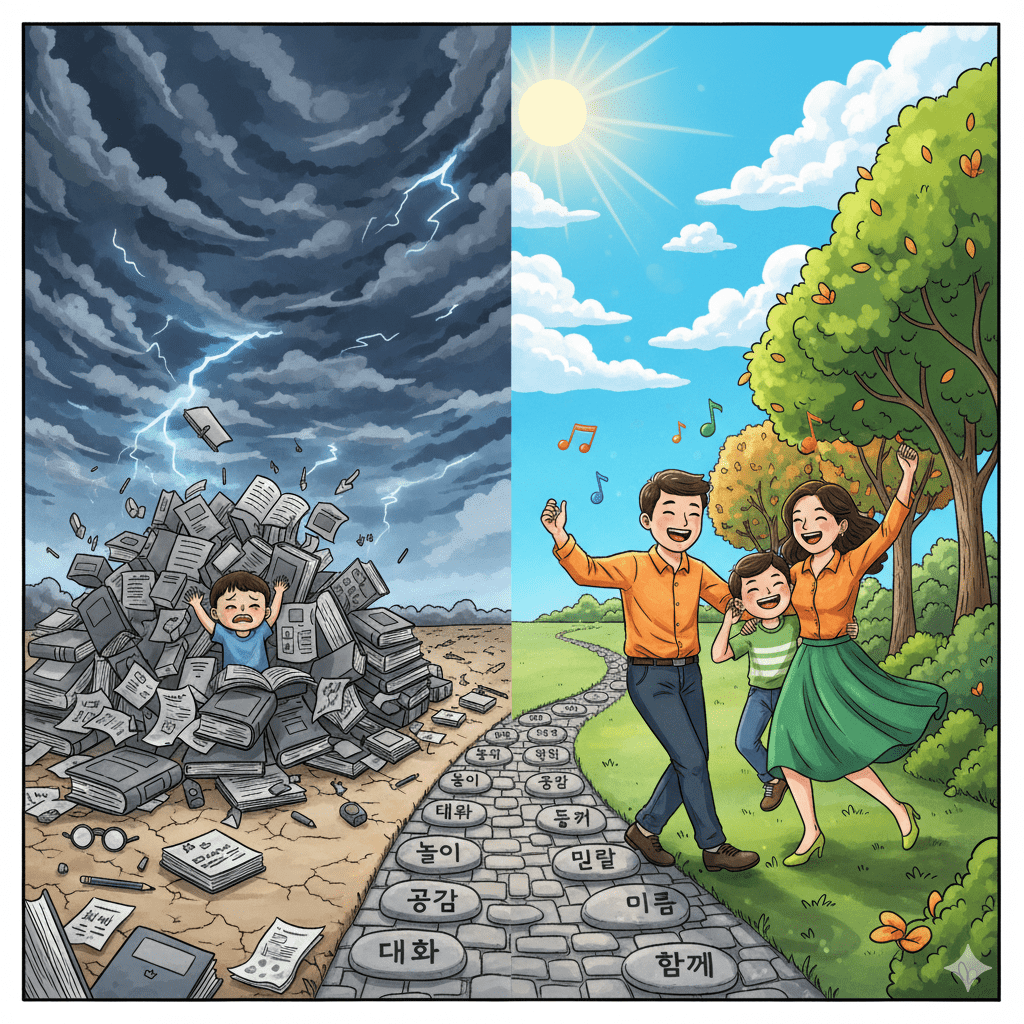 책더미에 갇힌 아이와 부모님과 함께 즐겁게 춤을 추는 아이의 모습을 통해 현실 교육과 이상적인 교육의 대비를 보여주는 이미지