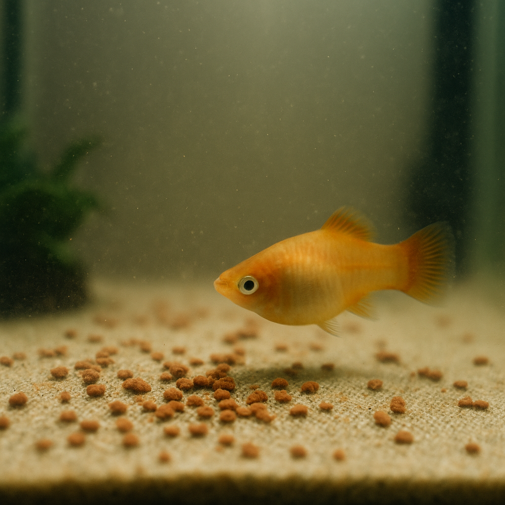 열대어 사료가 바닥에 가라앉고 혼탁해진 수조 내부 모습
