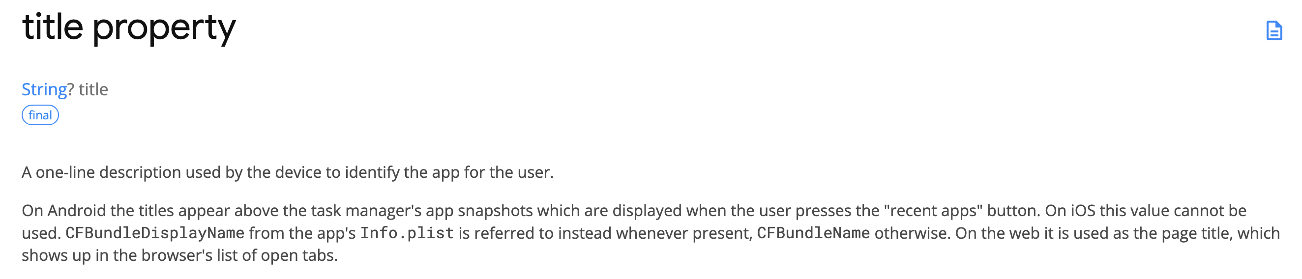 MaterialApp title 설명 갈무리 모습이다.