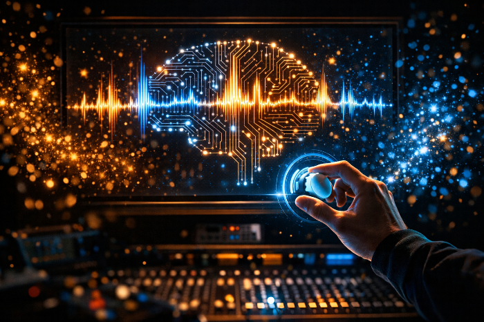 AI 오디오 엔진을 활용하여 실시간으로 트랙을 생성하고 사운드 텍스처를 조율하는 프로듀싱 현장.