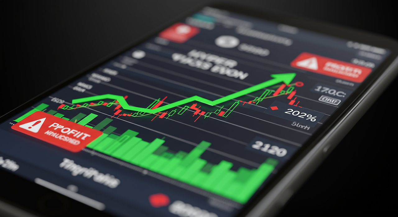 스마트폰 화면에 나타난 HYPER 코인의 가파른 상승 그래프와 알림 및 수익 계산 표시