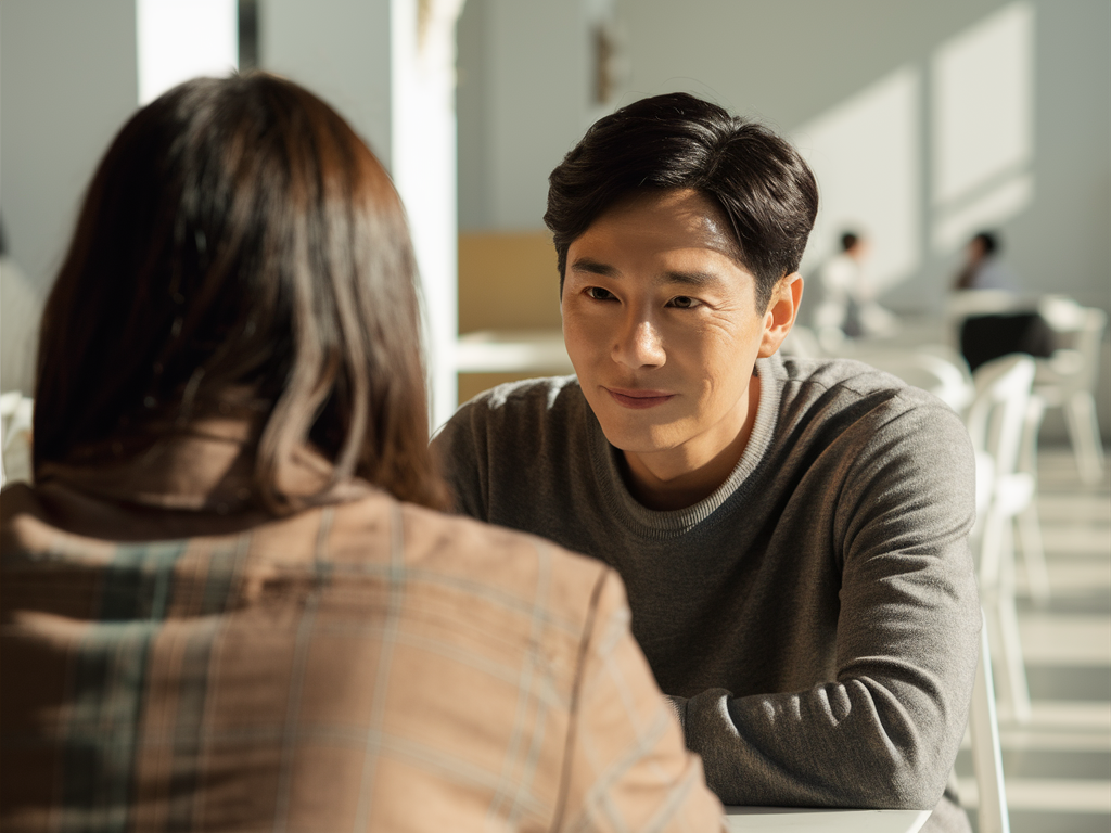 카페에서 상대방의 이야기와 변화에 대해 관찰하는 남성의 모습