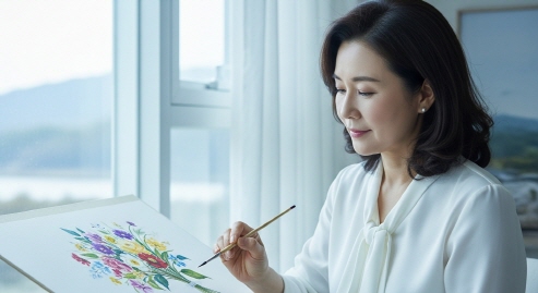 수채화 붓을 들고 꽃을 그리고 있는 중년 여성&amp;#44; 밝은 창가&amp;#44; 조용한 분위기