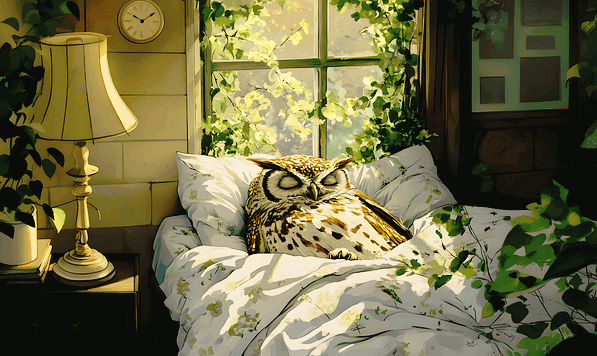 대낮에 하얀 침대 위에 부엉이가 누워 낮잠을 자고 있다. 방 안엔 식물들이 가득하다.