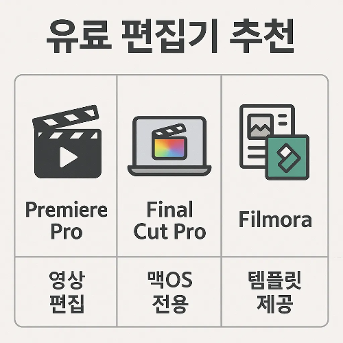 유튜브 동영상 편집프로그램 유료 버전 추천을 안내하는 인포그래픽으로, Premiere Pro, Final Cut Pro, Filmora 등 전문 편집 프로그램의 특징과 장점을 알려줍니다.