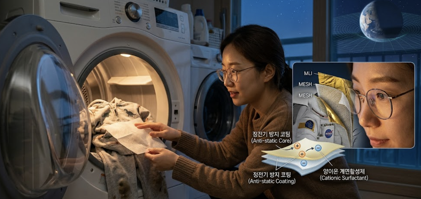 건조기 내부에서 열에 의해 녹은 양이온 계면활성제 성분이 아이용 노란색 코튼 옷감 표면의 정전기를 방지하고 부드러운 질감을 만드는 원리를 매크로 촬영 기법과 이온 그래픽으로 시각화한 정보성 교육용 이미지