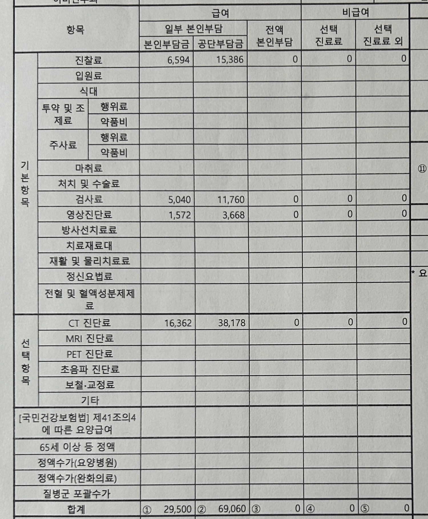 진료 세부내역서 일부
