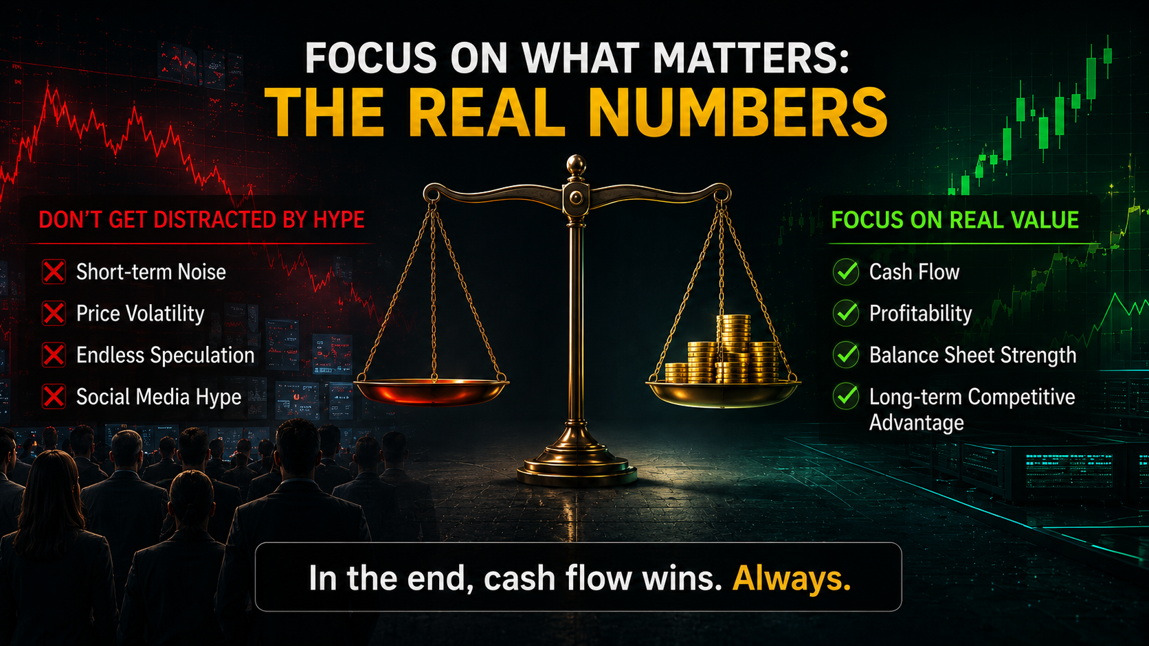 Investment concept highlighting cash flow, profitability, and financial fundamentals over short-term market speculation.