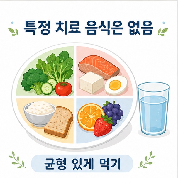 비염을 치료하는 특정 음식은 없으며 물, 채소와 과일, 단백질 식품, 곡류를 균형 있게 먹는 방법을 표현한 그림