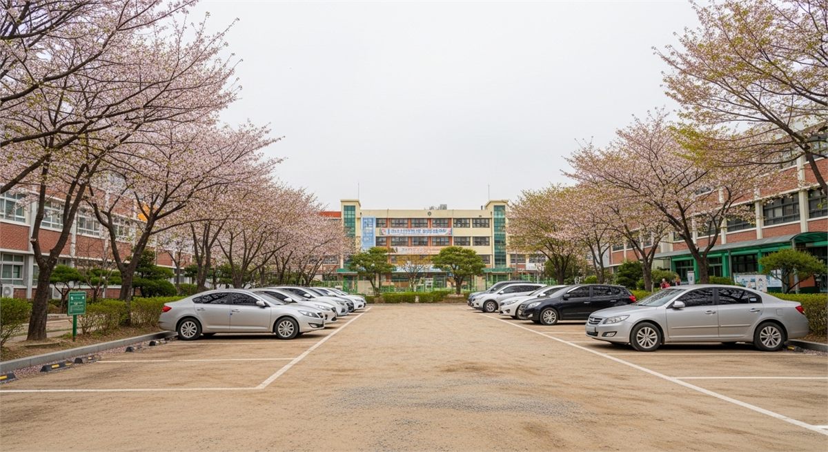 학교 운동장을 활용한 임시주차장 분위기를 보여주는 장면