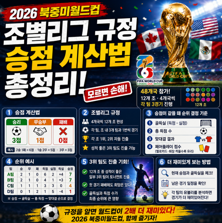 월드컵 조별리그 규정 총정리 2026 FIFA 승점 계산법과 3위 진출 조건 쉽게 이해하기