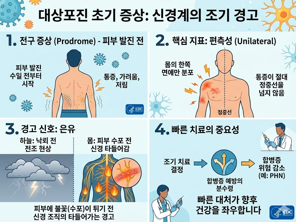 대상포진 초기 증상과 전구증상, 편측성 통증 특징과 빠른 치료 필요성을 설명하는 인포그래픽