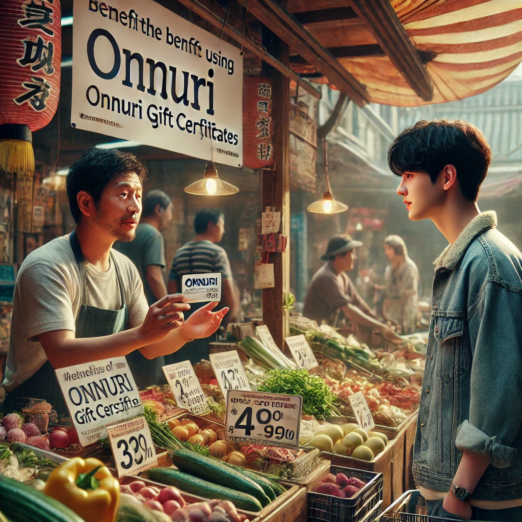 가판대 주인이 상품권 혜택 설명 중