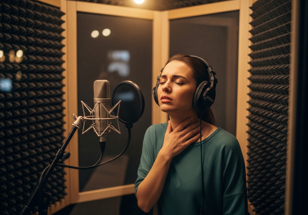 녹음실에서 목이 아픈 성우 이미지