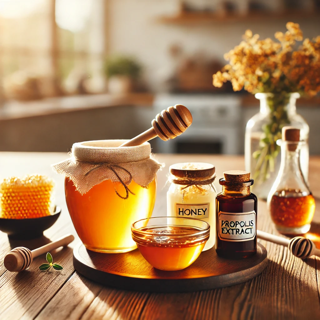벌꿀-로열젤리-프로폴리스-추출액이-있는-식탁