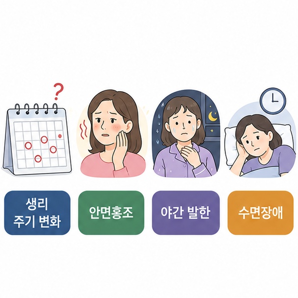 생리 주기 변화와 안면홍조, 야간 발한과 수면장애가 폐경 이행기에 흔히 나타날 수 있음을 보여주는 그림