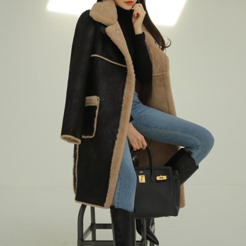 (백화점 납품) 겨울 여성 롱 무스탕 코트 가죽 밍크 자켓 점퍼 퍼코트 페이크퍼 블랙