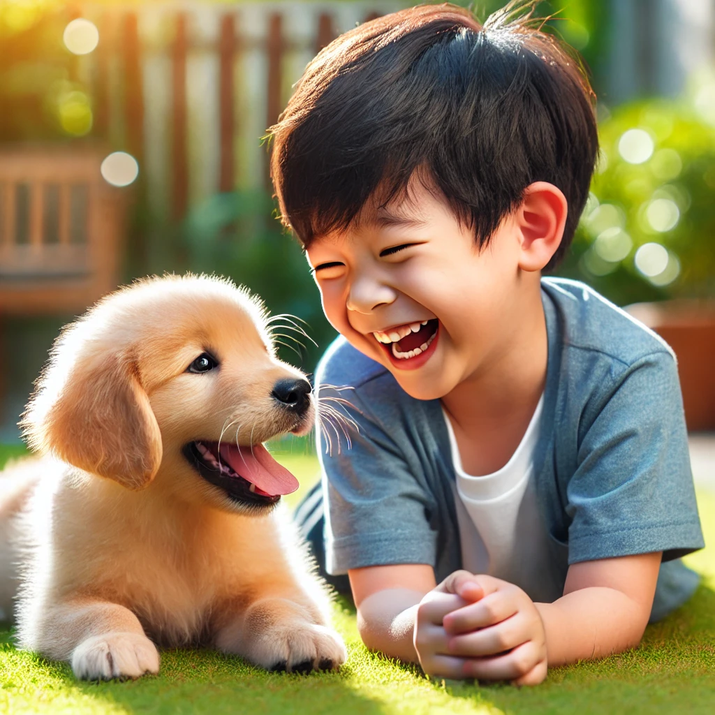 5살 정도 된 한국 아이가 햇살 가득한 뒷마당에서 골든 리트리버 강아지와 함께 놀며 밝게 웃고 있는 모습, 즐겁고 활기찬 분위기