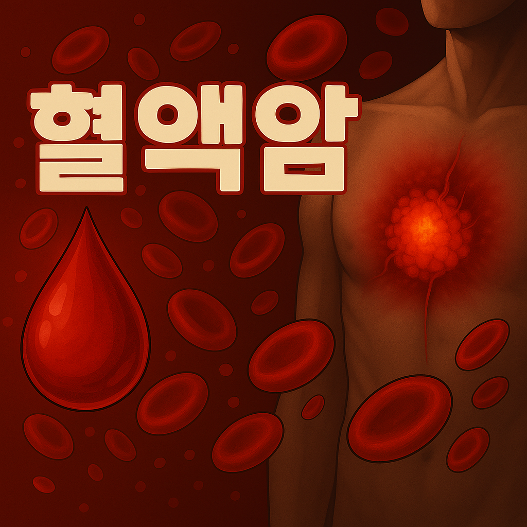 혈액암(백혈병, 림프종, 다발골수종)에대한 썸네일로
사람이 서있고 주변에 혈구들이 돌아다니고 있음
혈액암이라는 글자가 11시 방향에 있음