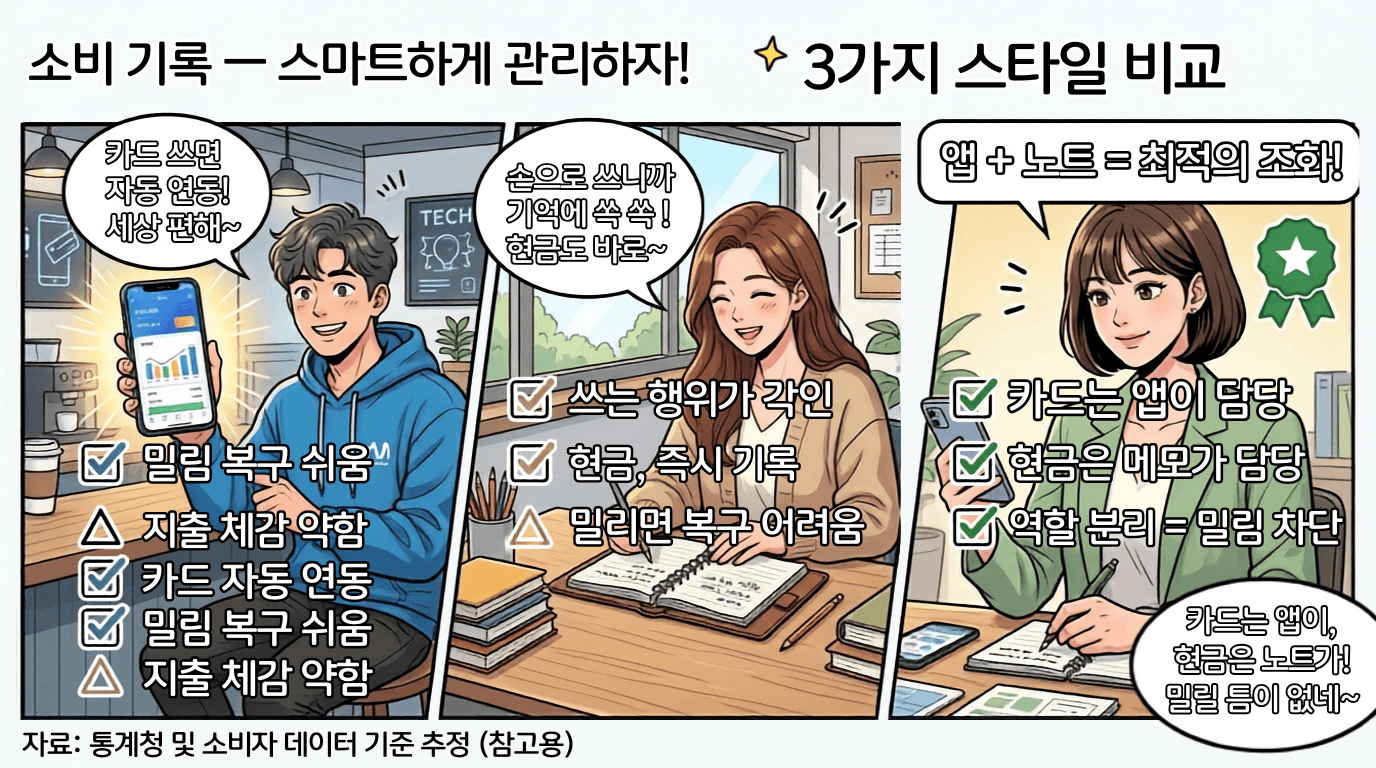 소비 기록 앱과 노트 방식 비교 기준표 웹툰 일러스트