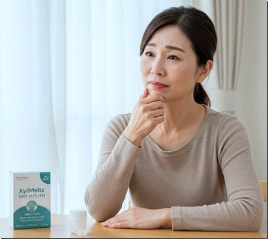 자일리멜츠 사용법과 주의점, 구강건조증이 심한 중년 여성 사진