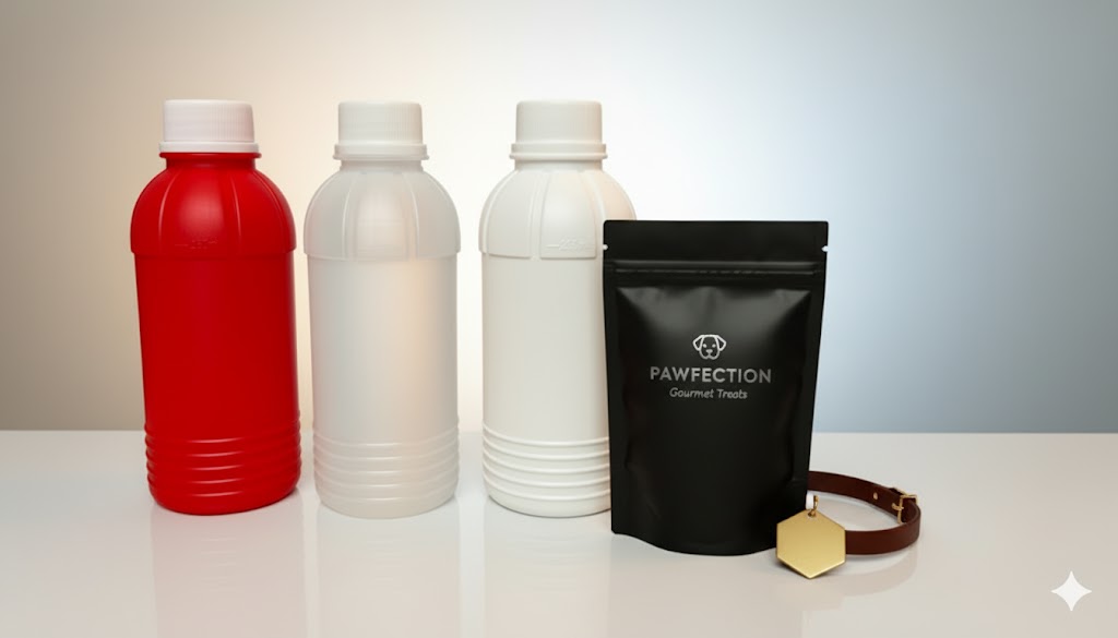 빨간색, 반투명 흰색, 불투명 흰색 A250 용기가 나란히 놓여 있고, 고급스러운 펫 간식 파우치와 목줄이 함께 연출되어 A250 용기의 다채로운 디자인 가능성과 프리미엄 펫 브랜드와의 조화를 강조합니다.