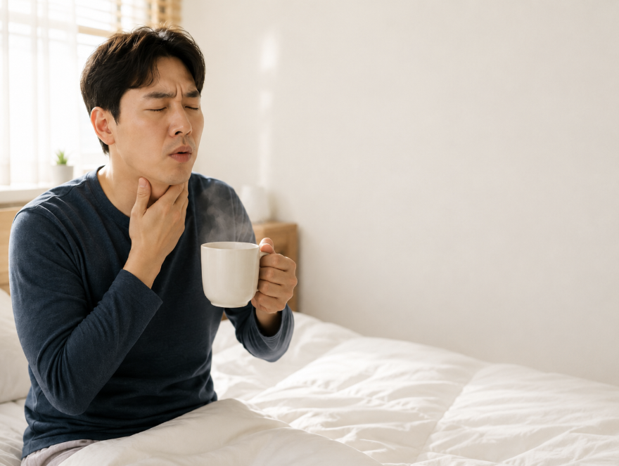 아침에 목이 아픈 남자
