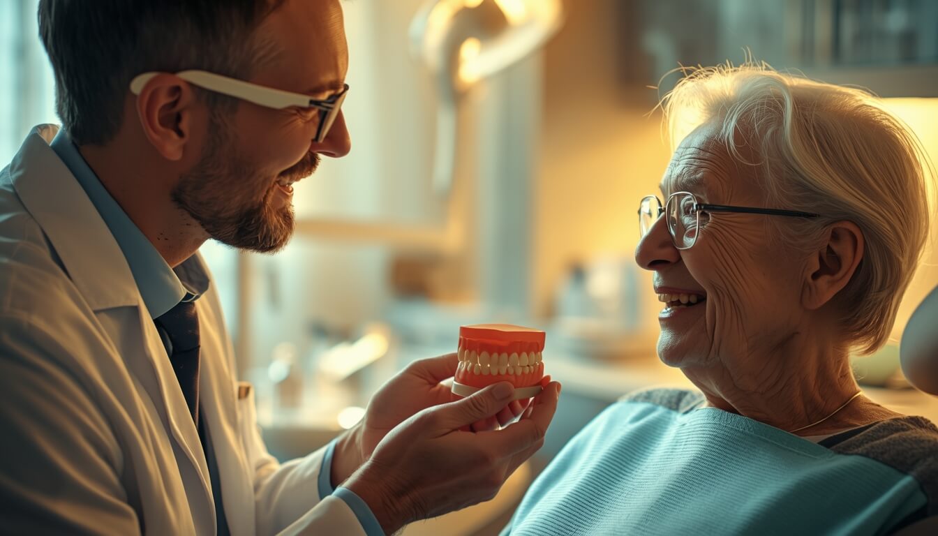 치과에서 상담받는 어르신과 친절한 치과의사