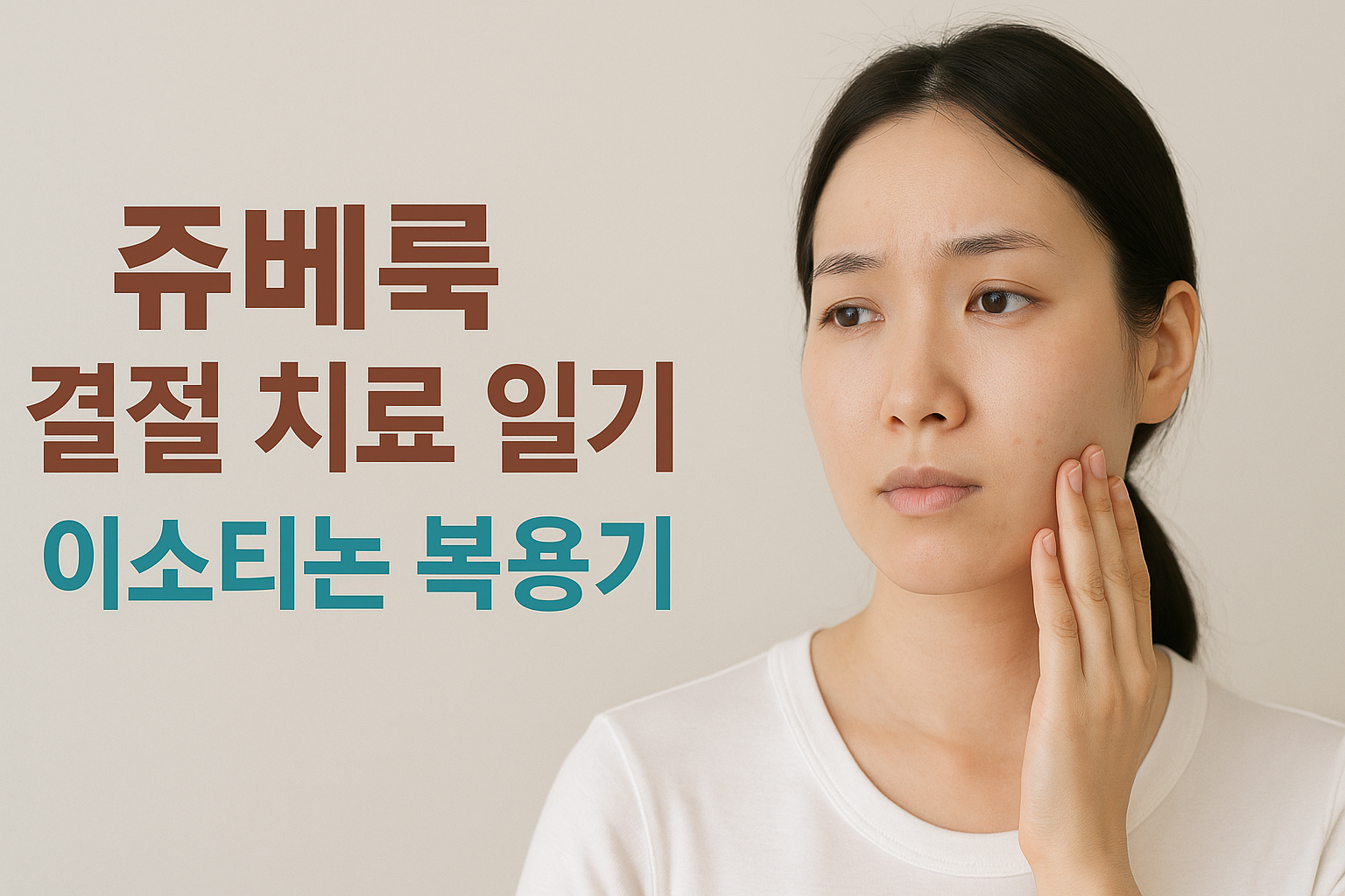 밝은 배경의 피부과 느낌 이미지로, 흰색 티셔츠를 입은 여성이 볼을 살짝 만지며 고민스러운 표정을 짓고 있다.
왼쪽에는 ‘쥬베룩 결절 치료 일기|이소티논 복용기’라는 문구가 깔끔한 산세리프 폰트로 적혀 있다.