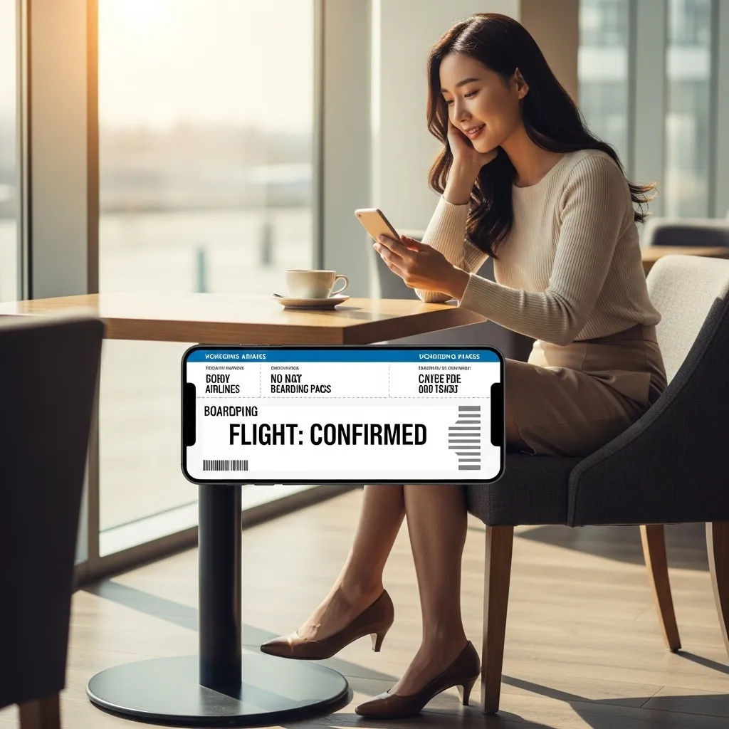 에어캐나다 파업 후 대체 항공편을 성공적으로 예약하고 안도하고 있는 여성 승객