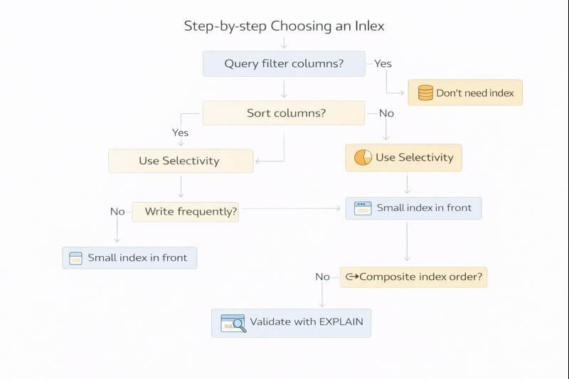 조회 조건과 정렬, 데이터 변경 빈도, 카디널리티를 점검해 인덱스 추가 또는 보류를 결정하는 흐름도이다.