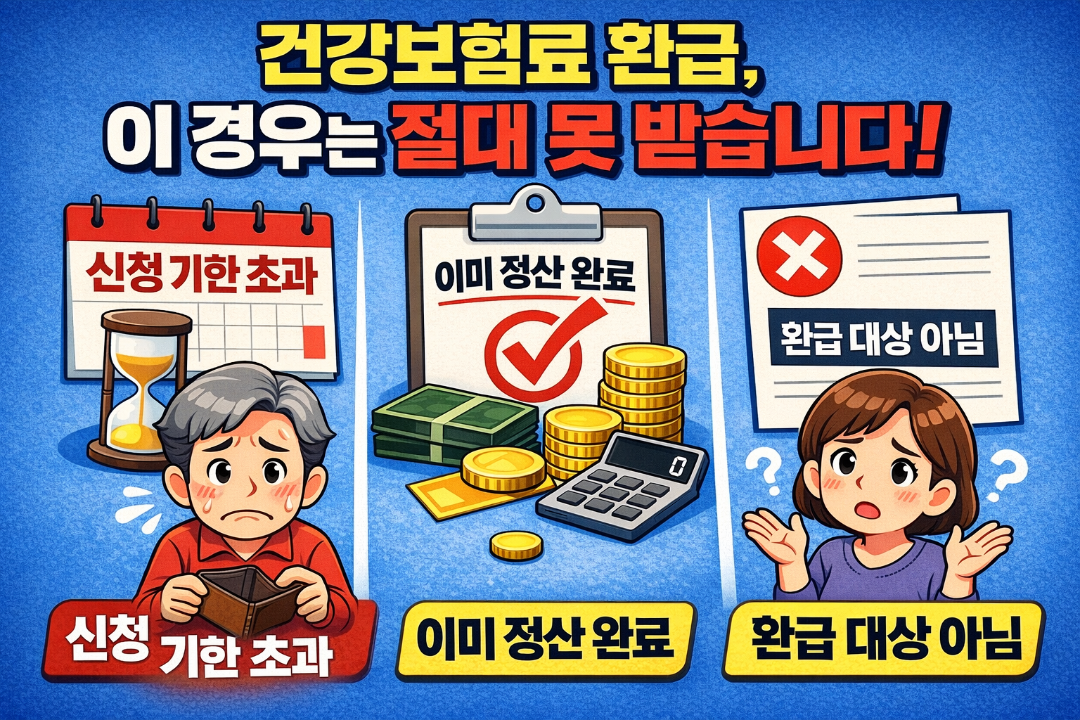 건강보험료 환급금을 못 받는 경우 3가지 설명 이미지 (신청 기한 초과, 정산 완료, 환급 대상 아님)