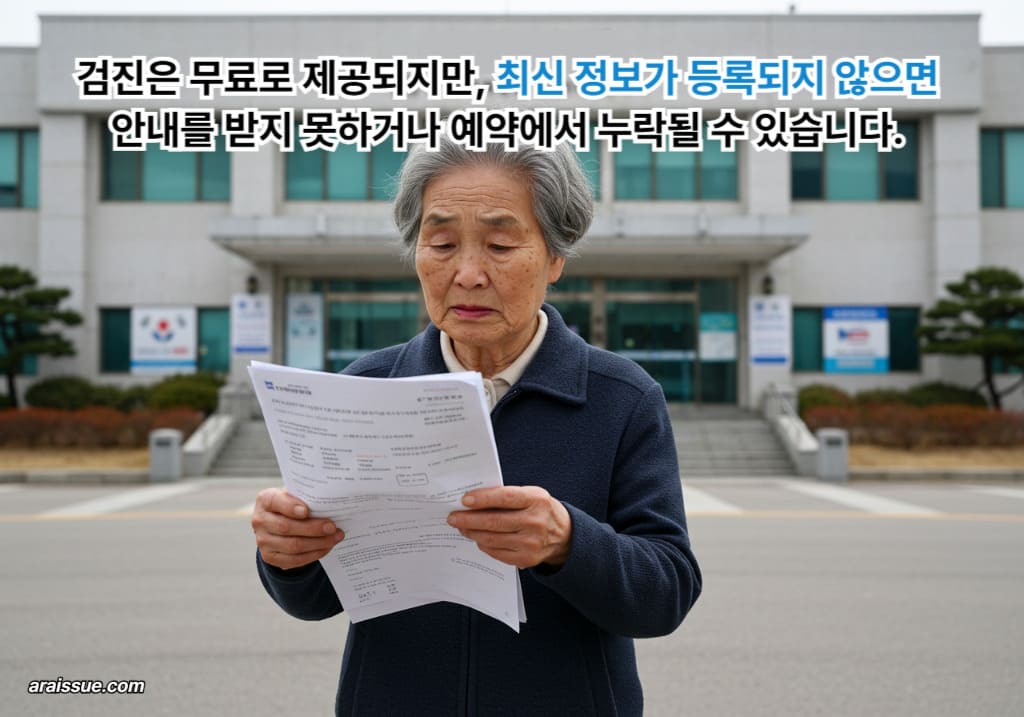 한국의 주민센터 앞에서 본인의 건강정보를 확인하는 한국 노인의 모습, 건강검진 서류를 들고 있는 모습