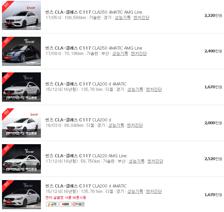 벤츠 CLA W117 중고차 시세