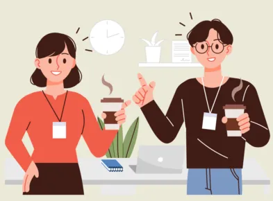 커피를 마시며, 대화를 나누는 직장인 2명