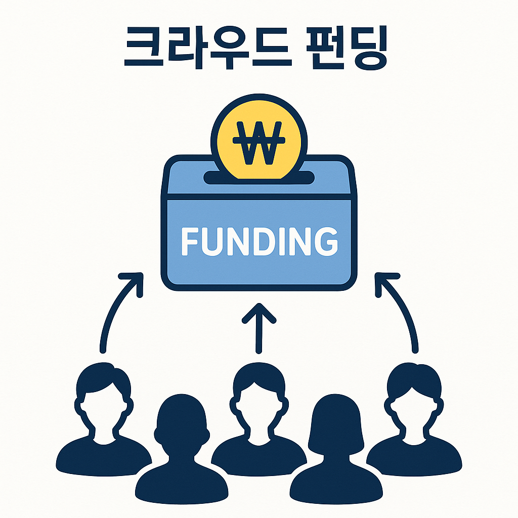 크라우드 펀딩’이라는 문구 아래, 5명의 사람 아이콘에서 화살표가 중앙의 파란색 펀딩 박스로 향하는 이미지. 박스에는 'FUNDING'이라는 글자와 원화 기호(₩)가 적힌 동전이 들어 있음. 다수의 개인이 자금을 모아 펀딩하는 과정을 상징적으로 표현한 그림