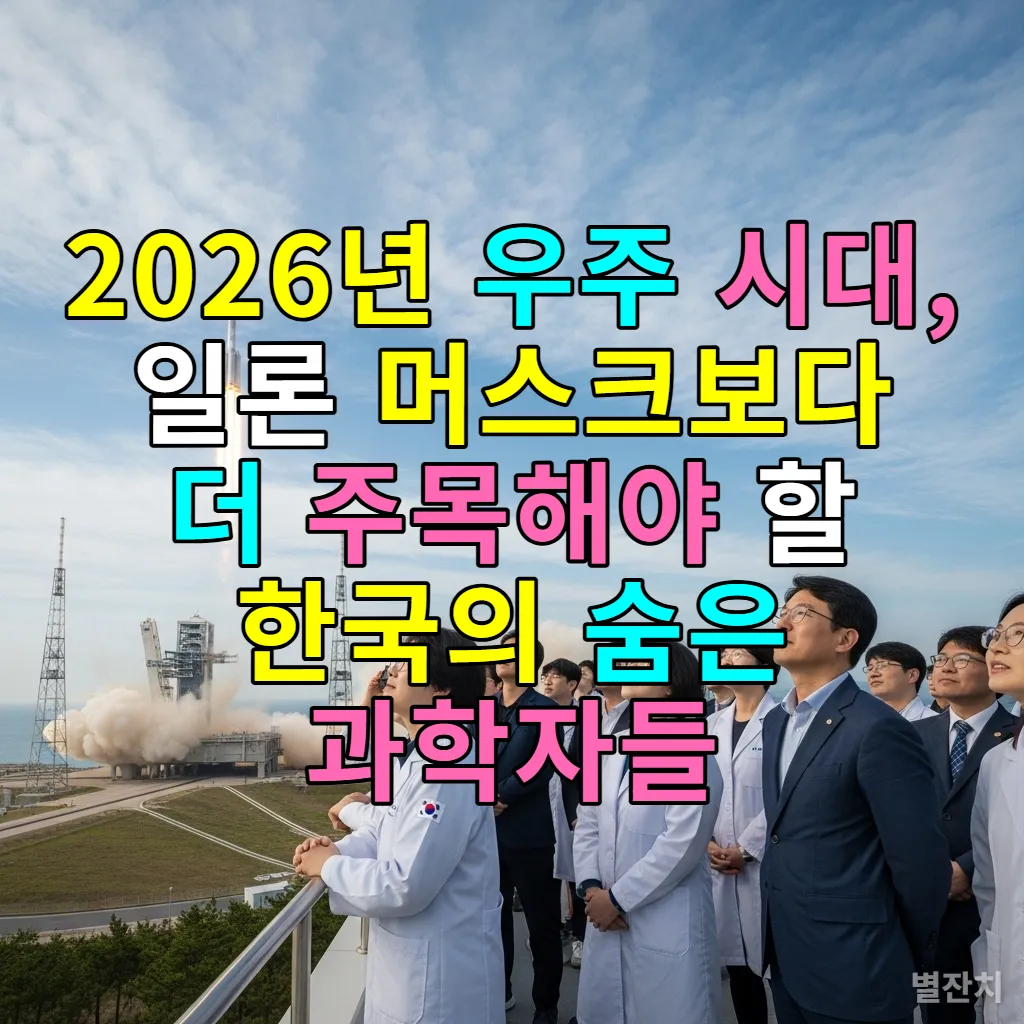 2026년 한국의 우주 발사 센터에서 로켓 발사를 지켜보는 한국 과학자들과 엔지니어들의 희망찬 모습