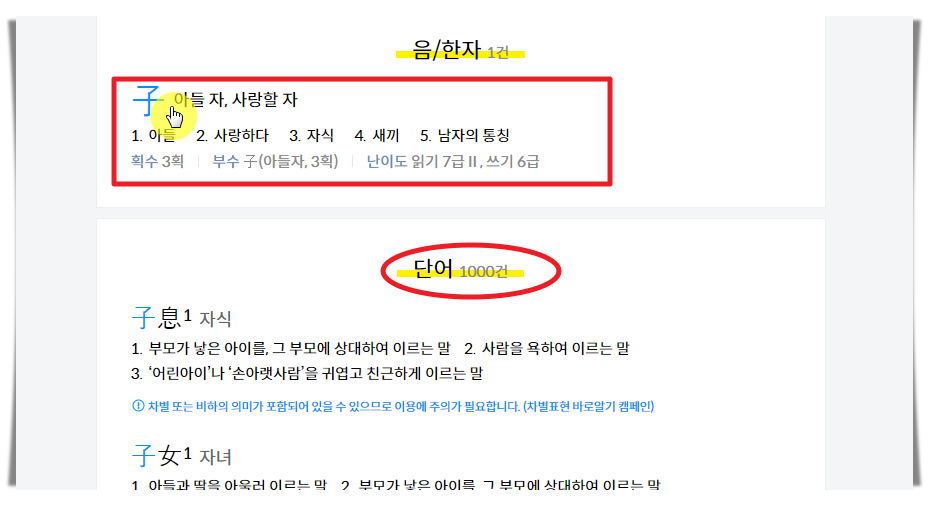 다음 한자 사전 검색 결과