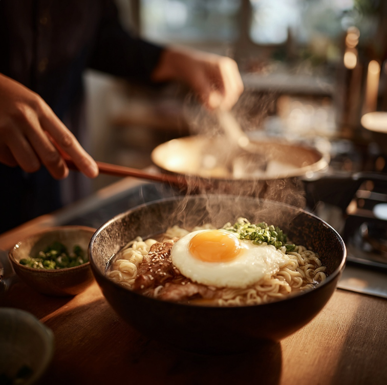 주방에서 라면을 끓이는 모습