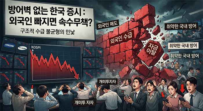 외국인 자본 이탈로 폭락하는 한국 증시를 나타낸 일러스트.