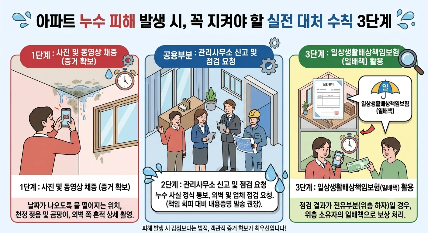 피해 발생 시 입주자가 취해야 할 실전 대처 수칙 3가지 (AI를 이용한 이미지)