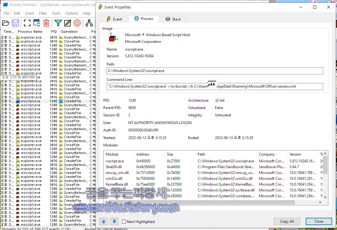 ProcessMonitor 본 악성코드 동작 확인