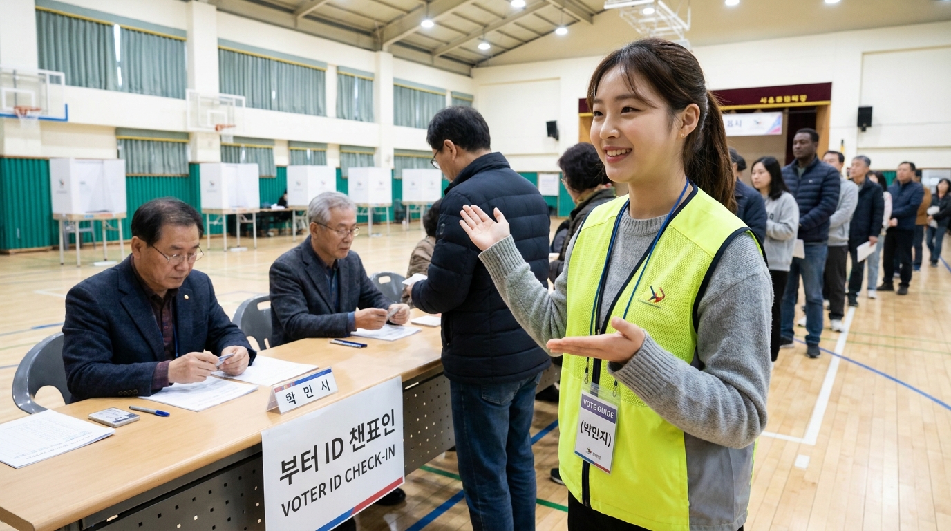 투표소에서 안내 사무원으로 근무하는 선거 알바생의 모습